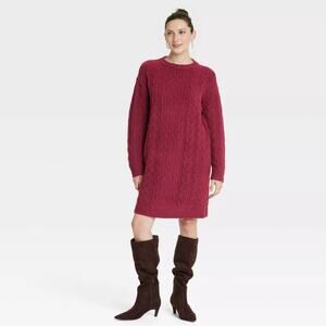 Universal Thread Women's Long Sleeve Cable Knit Mini Sweater Dress Maroon Size S